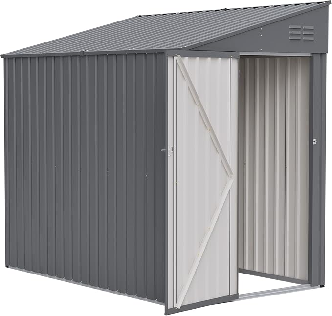 4x7 FT Outdoor Storage Shed,Lean to Lockable Metal Garden Shed Steel with Reinforced Beams,All Weather Waterproof Storage House W/Lockable Door,for Backyard,Patio,Lawn,Garden,Dark Gray