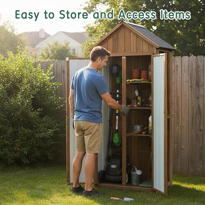Outdoor Storage Cabinet with Shelf, Wood & Metal Storage Shed with Lockable Doors & Sloping Roof, Outdoor Cabinets for Patio Backyard, Garden Shed Tool Shed and Accessories, Brown