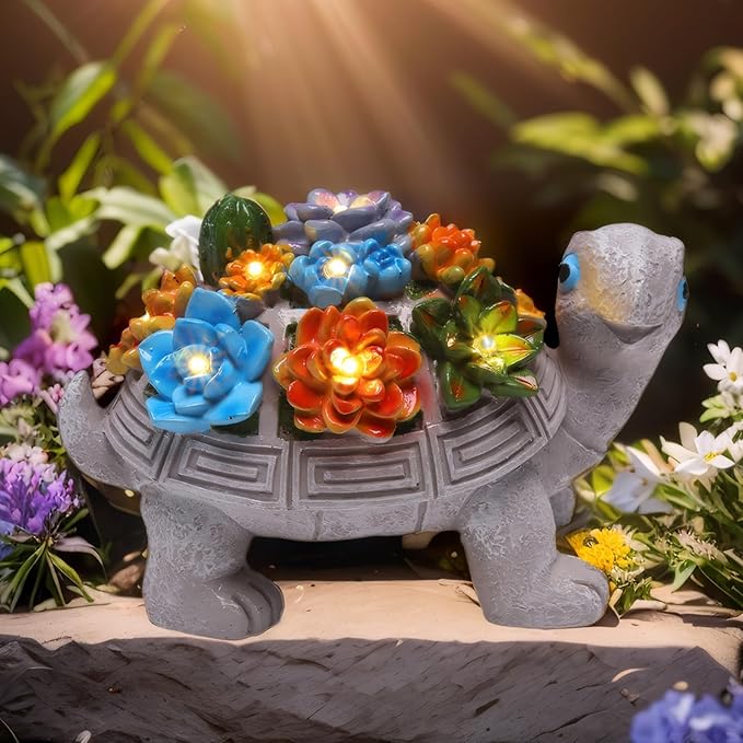 Solar Garden Turtle Statues 7 LED Lights Outdoor Decor Turtle with Succulent Resin Sculpture Patio Porch Balcony Yard Lawn Art Decor Birthday for Women Grandma Housewarming Gifts
