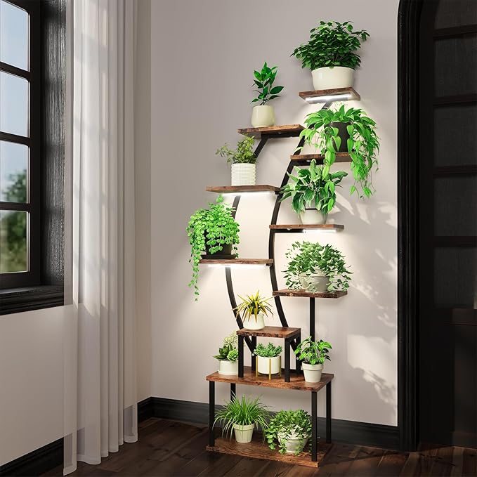 ROOMTEC Plant Stand Indoor with Grow Lights, 9 Tiered Indoor Plant Stand, 63" Metal Plant Shelf, Tall Plant Stands Indoor Multiple Stands for Living Room, Patio, 2PCS