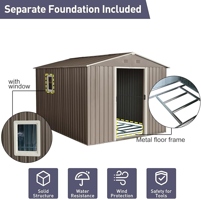 Favfurish 10×8FT Outdoor Metal Storage Shed Large Garden Sheds with Floor Base & Window,Sliding Doors and Padlock for Garden,Backyard,Lawn,Easy to Assemble,Grey