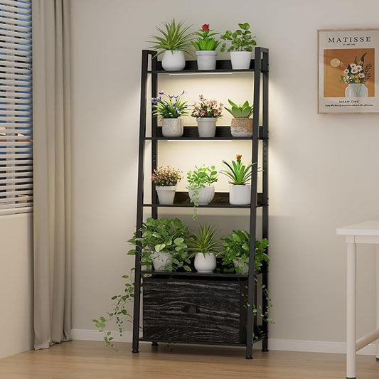 Large Plant Stand Indoor with Grow Lights & Storage Drawer, 63" Extra Wide Wood & Heavy Duty Metal 5 Tiered Plant Shelf, Sturdy Safety for Multiple Plants in Living Room Bedroom Patio Balcony