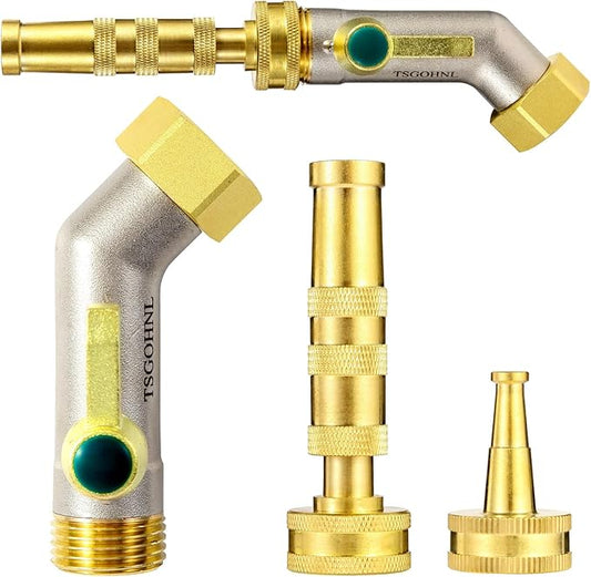 Heavy Duty Brass Garden Hose Shutoff Valve, 1 adjustable hose nozzle, 1 hose direct spray nozzle, 135-Degree Faucet Extender Adapter