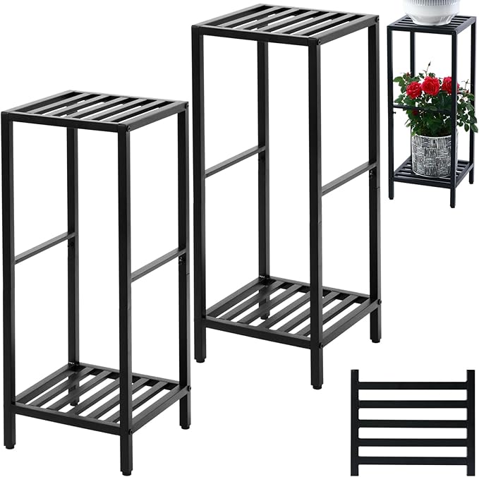 Party Zealot 2 Packs of 2-Tier Tall Metal Square Plant Stand 31” Heavy-Duty Modern Flower Pot Rack for Indoor Living Room, Corner Side Table for Outdoor Patio, Garden Planter Holder, Black