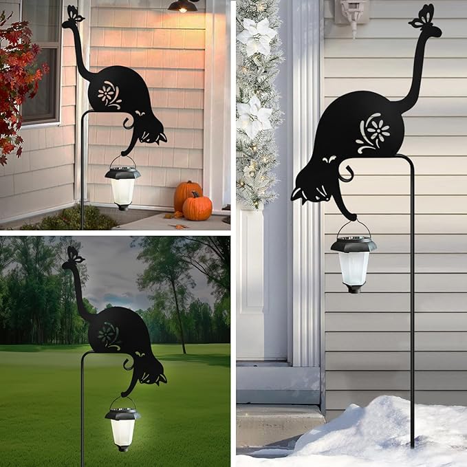 Cat Solar Lights Outdoor Garden, Black Cat Garden Statue,Black Cats Outdoor Decorations with Solar Lantern