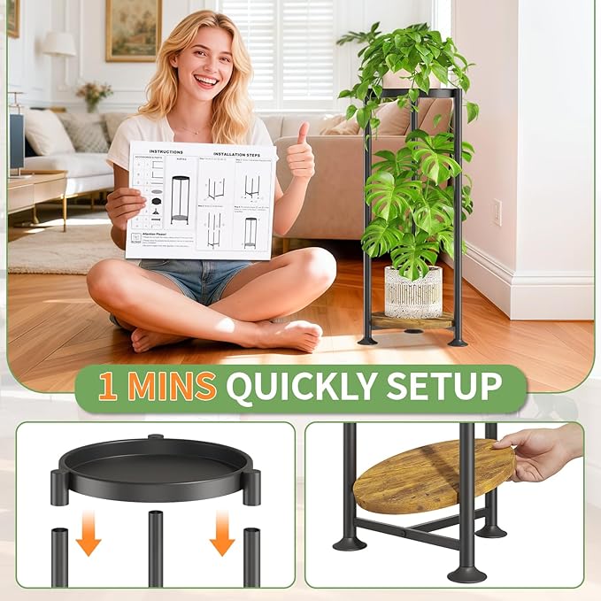 KMOTASUO 2 Tier Black Plant Stand Indoor for Large Tall Heavy Duty Planter, Multiple Sturdy Metal Flower Corner Rack for Narrow House Floor, Iron Vertical Level Round Orchi Holder Organizer, Modern