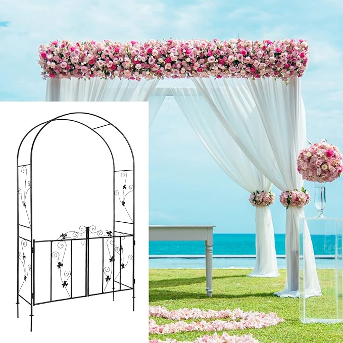 Metal Garden Arch with Gate - Garden Arbor with Gate, Garden Arbor Trellis w/Door for Climbing Plants, Rose, Vine, Wedding, Garden Trellis Arch for Outdoor, Lawn, Backyard, 7'H X 3.6'W, Black