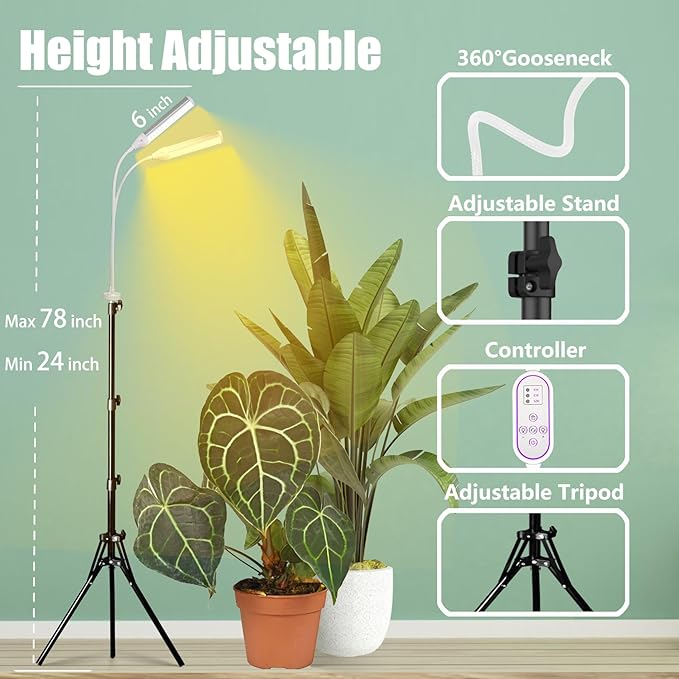 Grow Lights for Indoor Plants Full Spectrum, LED Plant Light with Stand, Adjustable Height, 4/8/12H Timer, 10 Dimmable Levels & 3 Lighting Modes (Stand-2 Head)