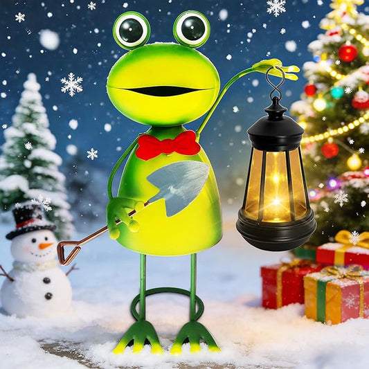 Solar Garden Lights Frog Statue,13.78in Tall Frog with Lantern Waterproof, Christmas Birthday Gifts for Women Mom Grandma, Big Metal Frog Stakes Decorative for Home Front Patio Balcony Yard Art Lawn