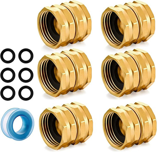 3/4" GHT Double Female Garden Hose Adapter (6 Pack) - Solid Brass with Dual Swivel | Durable Repair Fittings for Garden, Lawn & Outdoor Watering Systems