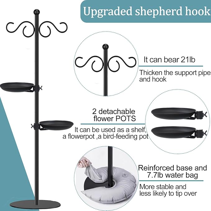 Thickened 74" Shepherd's Hook Stand, Bird Feeder，Floor Hanging Plant Stand，Wind Chime Hanger, Waterproof Metal & Adjustable-Height Standing Pole Holder , Indoor & Outdoor（2 Placement Racks