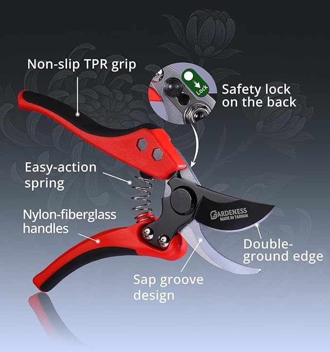 Gardeness Non-Stick Coated Bypass Pruning Shears - Professional Garden Clippers with Comfort Grip Handles, Heavy Duty Hand Secateurs for Trimming Branches, Floral & Yard Work, Arthritis Friendly