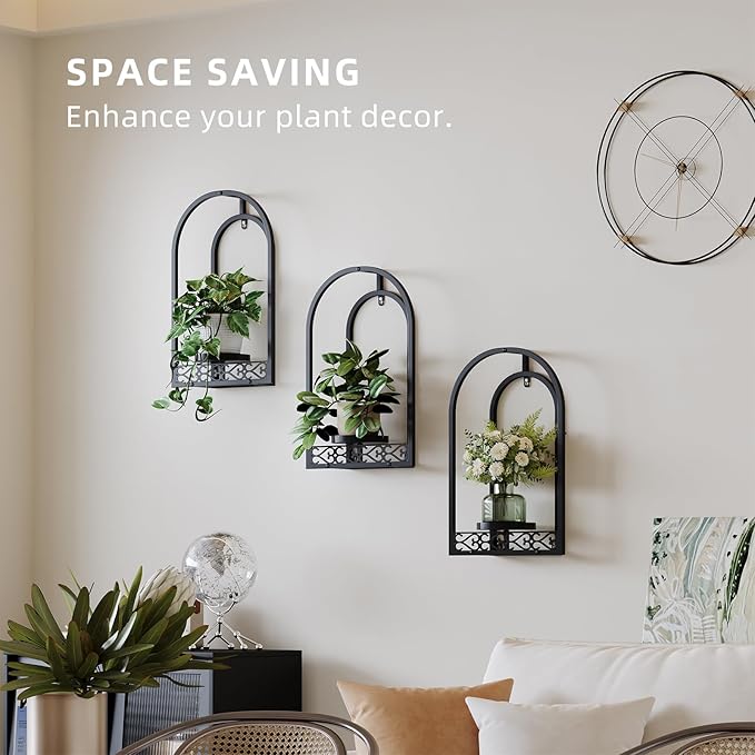 Wall Planter Holder with Light, Metal Arch Frame Hanging Plant Stand with Grow Lights, Modern Black Iron Wall Decor for Indoor Outdoor Living Room, Balcony & Garden 2 Pack Black