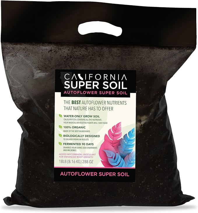 California Super Soil Premium 100% Organic Autoflower Super Soil - 18+ Nutrient Blend - Garden Soil for Indoor Grow Kit - 18Lbs Bag - Grows 6 Plants