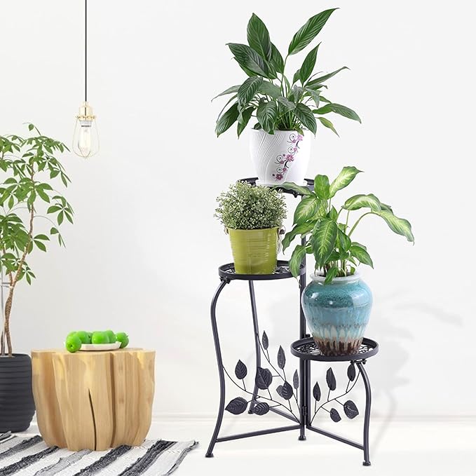 DAZONE 3-Tier Plant Stand for Indoor and Outdoor Use, Black Wrought Iron Metal Plant Shelf Holds 3 Pots, Space-Saving Decor for Corner, Balcony, Bedroom, Garden