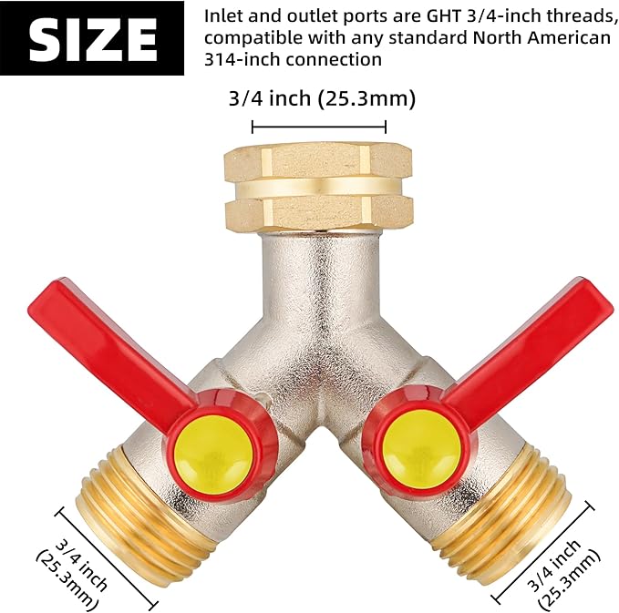 Hose Splitter 2 Way, Brass High Flow Garden Hose Splitter Heavy Duty, Hose Connector, Water Spigot Splitter, Full Flow Faucet Splitters with shutoff, 3/4” GHT Inlet