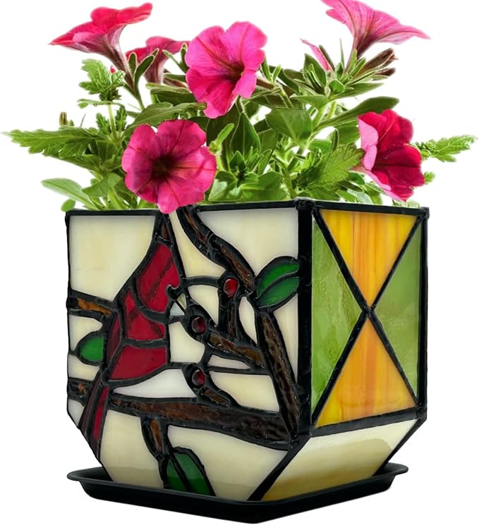 Stained Glass Cardinal Bird Indoor Planter Pot, Decorative Flower Pot with Drainage,Planter Pots for Indoor Plants,Christmas Cardinals Decorations,Cardinal Gifts