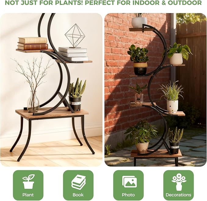 Plant Stand Indoor with Grow Lights 63 Tall Plant Shelf, Lighted Corner Plant Stands for Indoor Growing 6 Tiered Large Flower Holder C-Shaped Decorative Rack for Living Room Black (6 platforms)