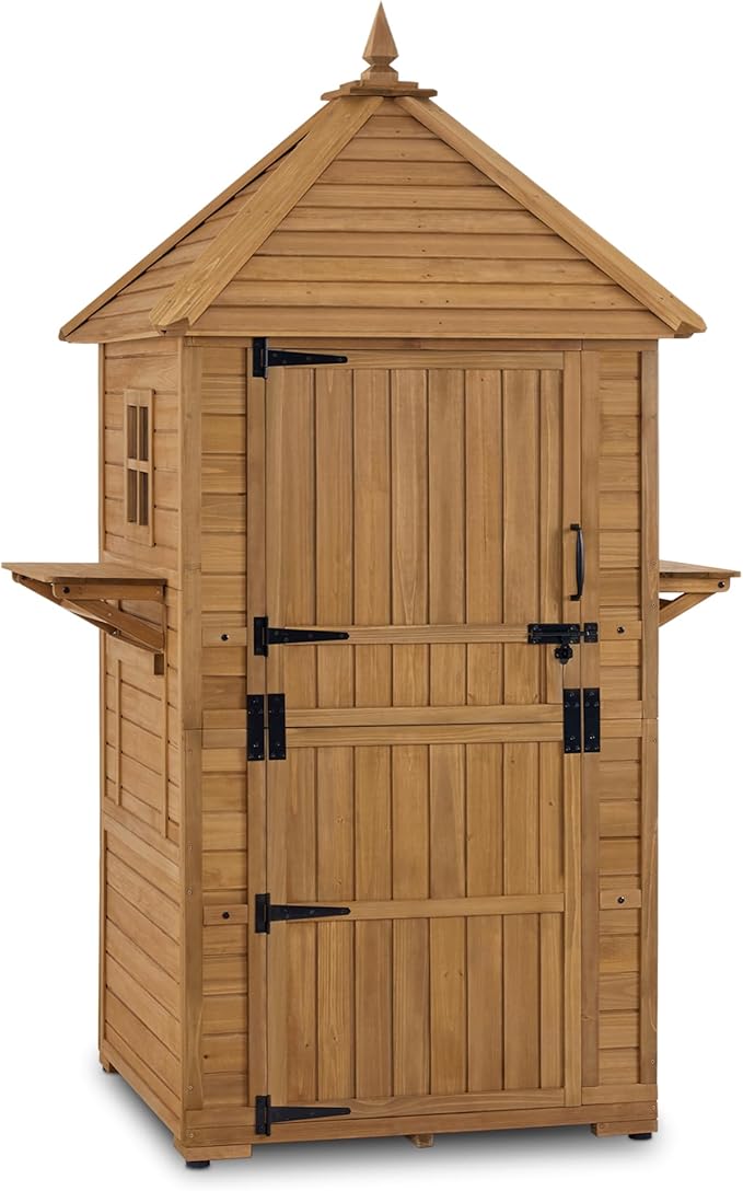 MCombo Large Outdoor Storage Cabinet with 6 Shelves (2.9 x 2.9 x 8.1 ft), Wood Storage Shed, Garden Shed with 2 Foldable Tables for Patio Yard Lawn, 2645