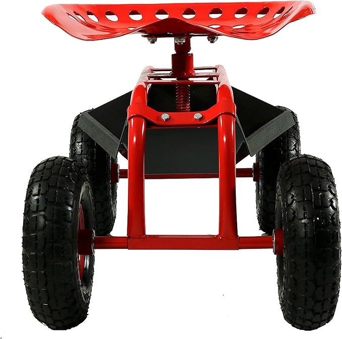 Sunnydaze Rolling Garden Cart with Swivel Seat and Storage - Rolling Garden Seat with Wheels - Gardening Stool with Wheels - Red