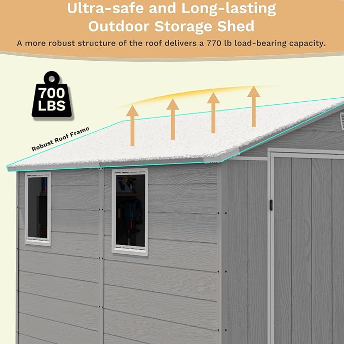Devoko 6x8 FT Plastic Storage Shed, Outdoor Resin Garden Shed with Floor, Waterproof Tool Storage Shed with Lockable Door and Window for Patio, Garden, Backyard, Light Gray