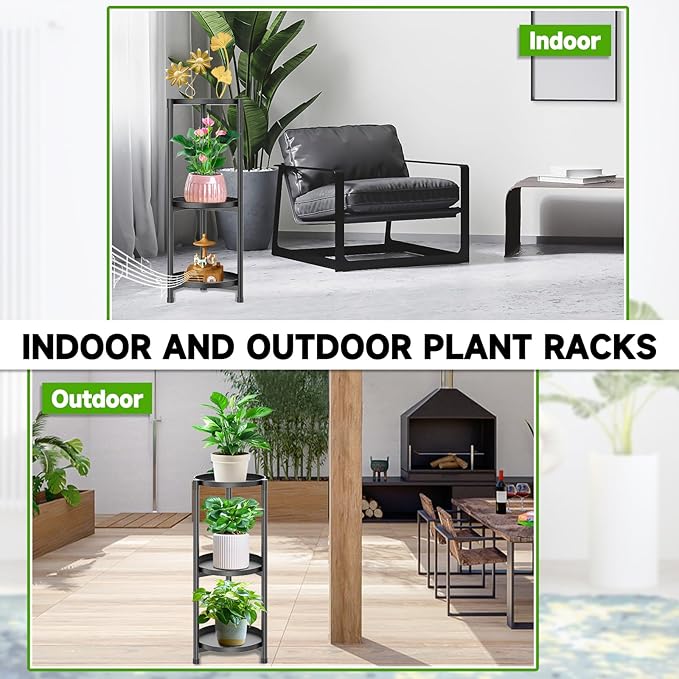 3 Tiered Plant Stand Indoor Outdoor, Metal Corner Plant Stand Plant Shelf Tables, Heavy Duty Flower Shelf Display Rack for Indoor Living Balcony Patio Garden Bedroom Classroom, Black (Black-A)