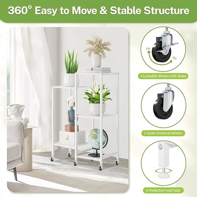 iDavosic.ly 5 Tier Plant Stand Indoor with Wheels, Metal Tiered Corner Flower Holder Shelf Outdoor for Large Pots, Tall Rolling Rack for Patio Porch Garden Balcony Living Room, White