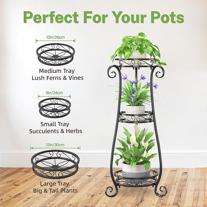 iDavosic.ly 3 Tier Metal Plant Stand Indoor Outdoor, Wrought Iron Corner Tall Flower Pot Holder Shelf, 34 Inch Vertical Heavy Duty Display Rack for Patio Porch Living Room Garden, Black