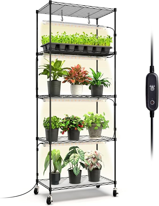 Bstrip Plant Shelf with Grow Light with Timer, Metal Plant Stand with Adjustable Rack and Wheels, 4 Pack T8 Full Spectrum Grow Light Strip for Indoor Plants, Seed Starting, Seed Tray, 23.5"x13.8"x59"