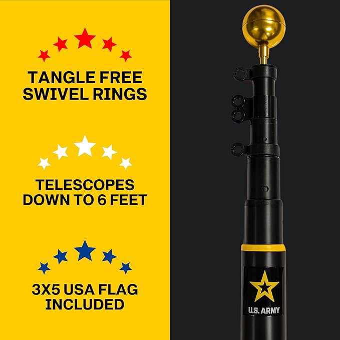 Service First US Army Black 25FT Telescoping Flagpole Kit for Outside House In Ground - Anti Tangle Swivel Ring Design - 100MPH Wind Tested
