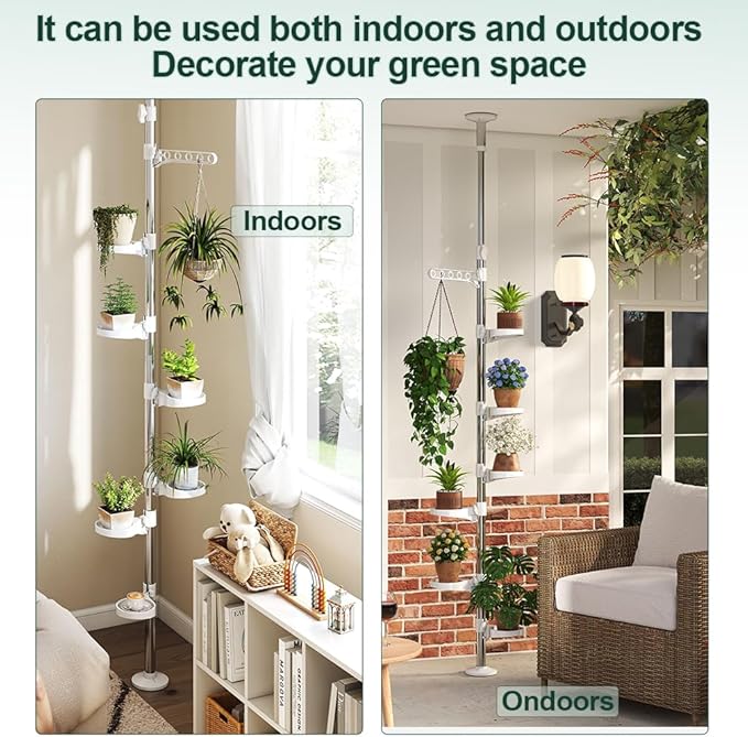 Hershii 7-Layer Tension Pole Plant Stand Indoor Decorative Display Rack Stands for Flower Pots Floor to Ceiling Adjustable Hanging Corner Shelf