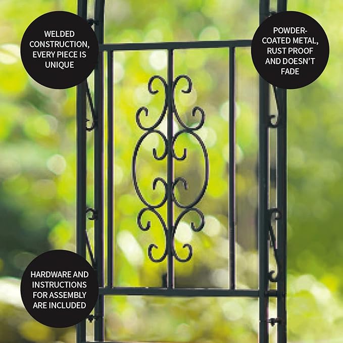 Plow & Hearth Arch Metal Outdoor Garden Arbor | Montebello | 7 Feet Tall | Gun-Metal | Iron Trellis Lattice for Climbing Plants | Wedding | Outdoor Patio Décor