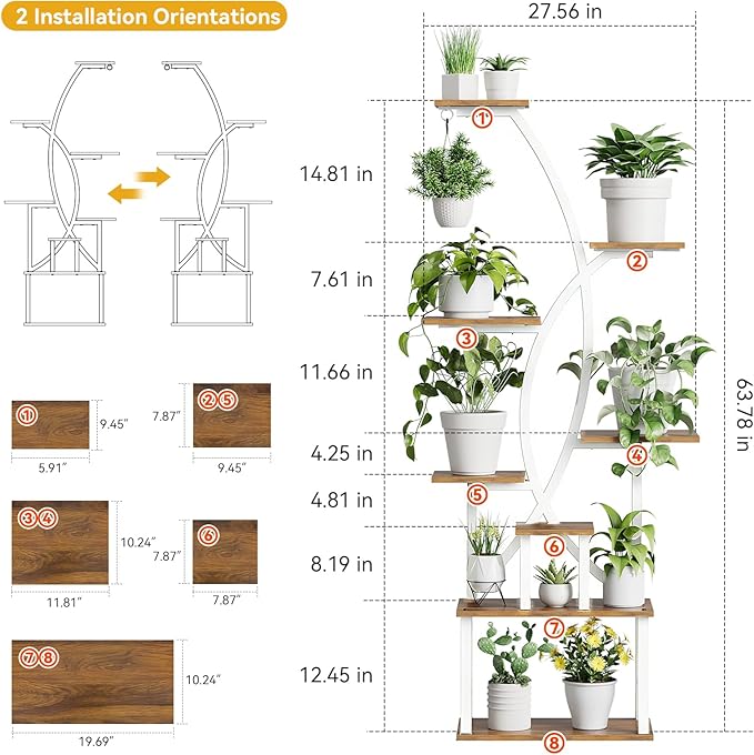 Plant Stand Indoor,8-Tier 65 inch Tall Plant Shelf for Indoor Plants with Grow Light, Plant Shelf with Adjustable Brightness & Timer,Modern Metal Plant Display Rack for Living Room/Patio(white)
