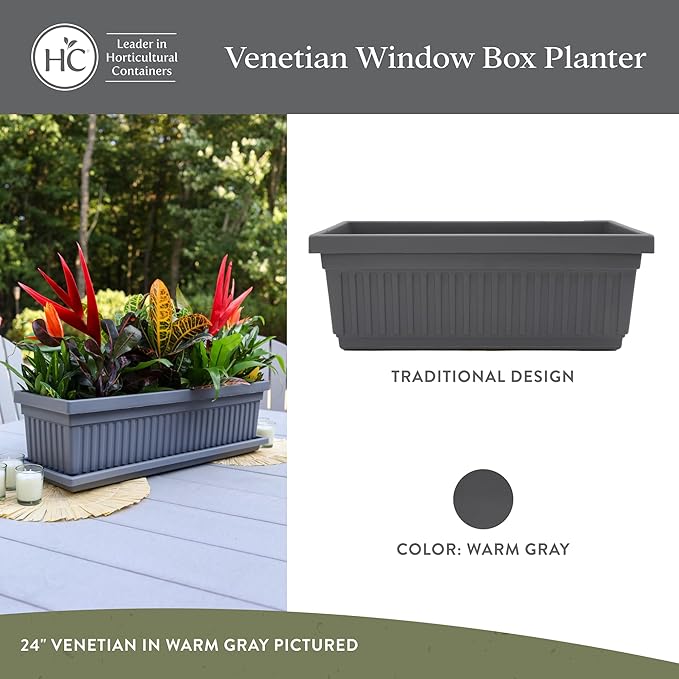 The HC Companies 18 Inch Venetian Window Planter Box with Drainage Plug, Lightweight UV-Resistant Plastic Outdoor Planters, 2-Pack Flower Box for Garden & Home Decor, Warm Gray