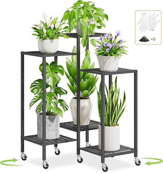 iDavosic.ly 6 Tier Plant Stand Indoor with Wheels, Metal Tiered Corner Flower Holder Shelf Outdoor for Large Pots, Tall Rolling Rack for Patio Porch Garden Balcony Living Room, Modern Black