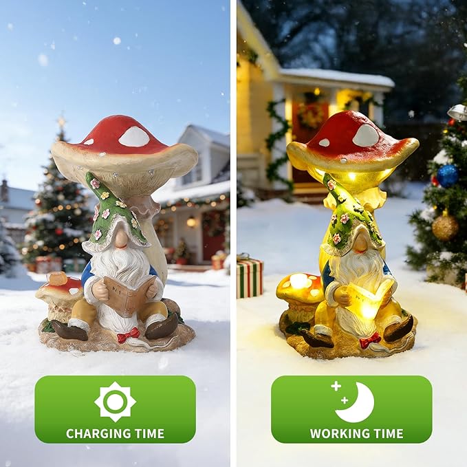 Christmas Gnomes Outdoor Statue Gnome Reading Under Mushroom with 5 LED Solar Figurine for Lawn,Patio,Balcony,Yard Decor Unique for Grandfather, Father,Grandma,Wen