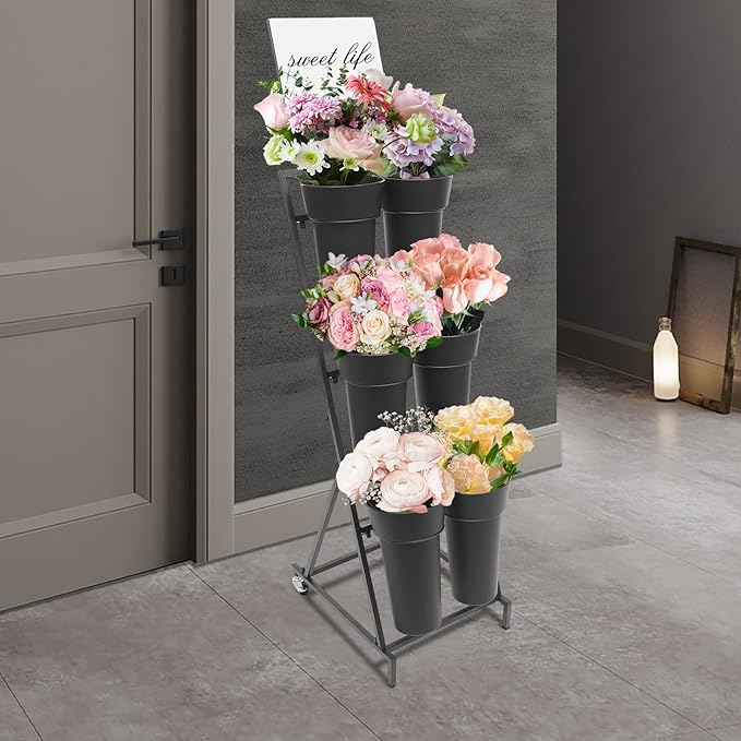 3 Tier 6 Black Bucket Flower Display Stand, Iron Decorative Flower Display Stand Indoor Outdoor Flower Cart Ladder Shelf Metal Moving Bouquet Shelf with Wheels for Garden Courtyard Florist