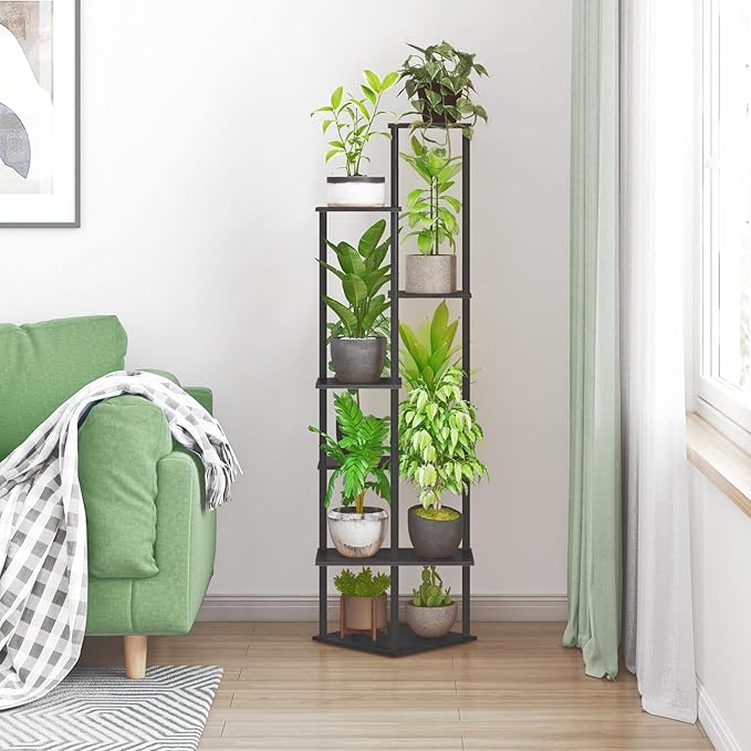 Tall Plant Stand Indoor, 7-Tier Modern Plant Shelf for Multiple Plants, Wood Metal Flower Holder for Living Room Balcony Bedroom, Black