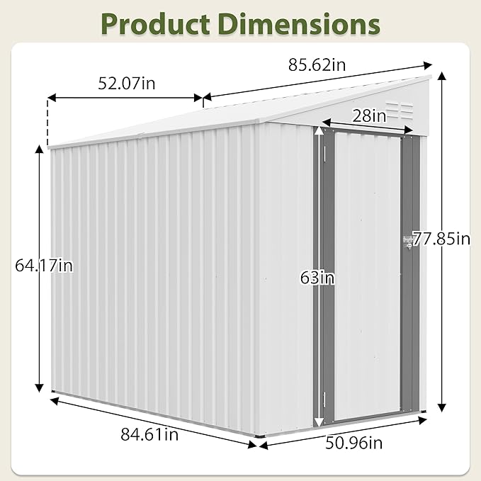 4×7 FT Outdoor Metal Storage Shed,Heavy-Duty Lean to Storage Shed with Lockable Door and Reinforced Beams,All Weather Waterproof Storage House W/2 Air Vents,for Backyard,Patio,Lawn,White