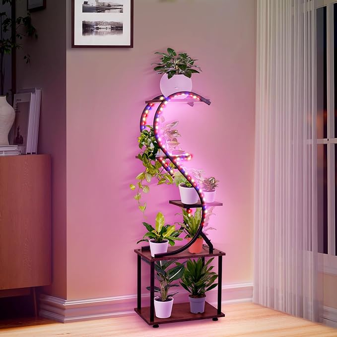 Plant Stand Indoor with Grow Lights- No Visible Cords, 43" Tall Plant Shelf Indoor, 5 Tiered Corner Plant Stands for Indoor Plants, S-Shaped Lighted Flower Holder, Sleek Wireless Design, Home Decor