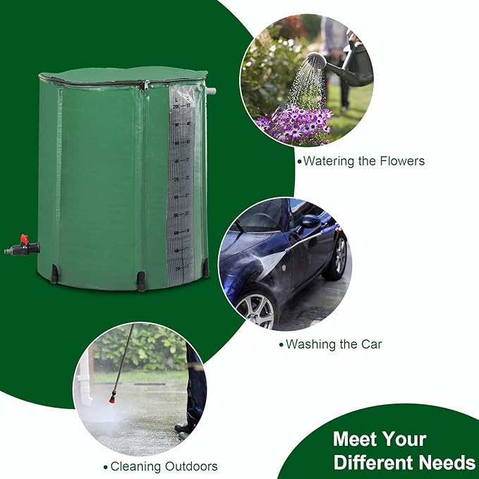 Collapsible Rain Barrel, 50 Gallon Portable Rainwater Collection System, Rain Water Barrel Collector with Volume Scale Mark, Spigots and Overflow Kit, Rain Catcher Barrel for Garden, Green
