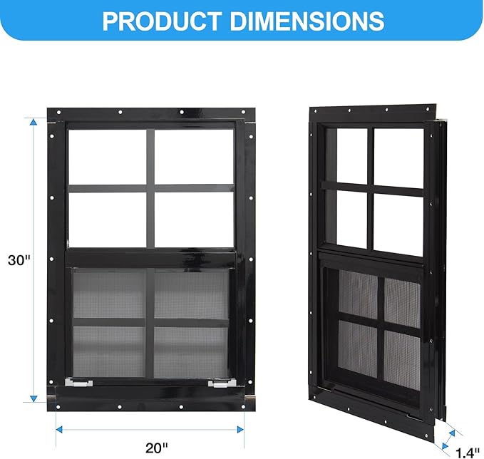NeatiEase Upgraded Shed Windows 2 Pack, 20" x 30" Windows with Tempered Glass and Stainless Steel Screen for Shed, Chicken Coop, Playhouse, Household, Garage(Black)