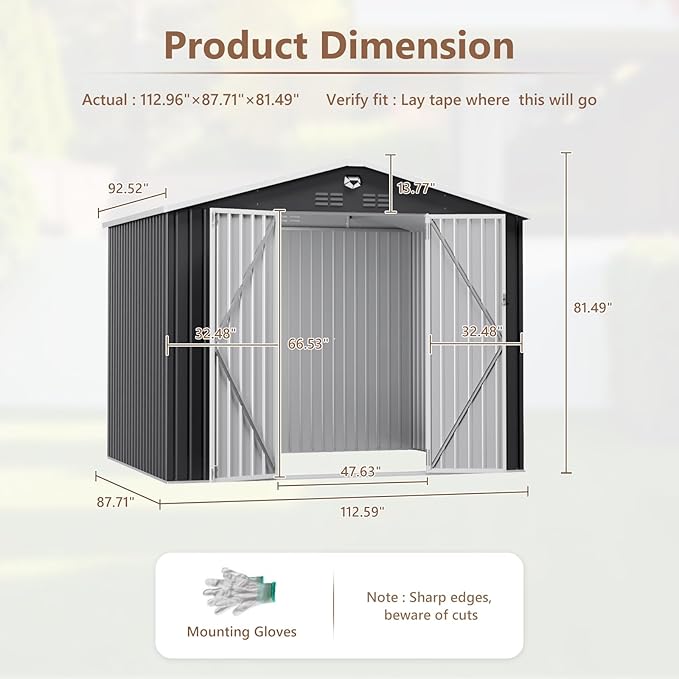 10x8 FT Outdoor Storage Shed, Metal Sheds & Outdoor Storage, Waterproof Sheds with Lockable Doors for Backyard (No Window)