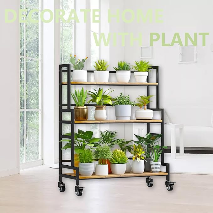 YIZAJIA Plant Stand Indoor 3 Tier Metal Board Outdoor Tiered Stands Shelf With wheel for Multiple Plants Potted Ladder Plant Holder Table Plant Pot Stand for Window Garden Balcony Living Room (3 Tier-Black+Metal)
