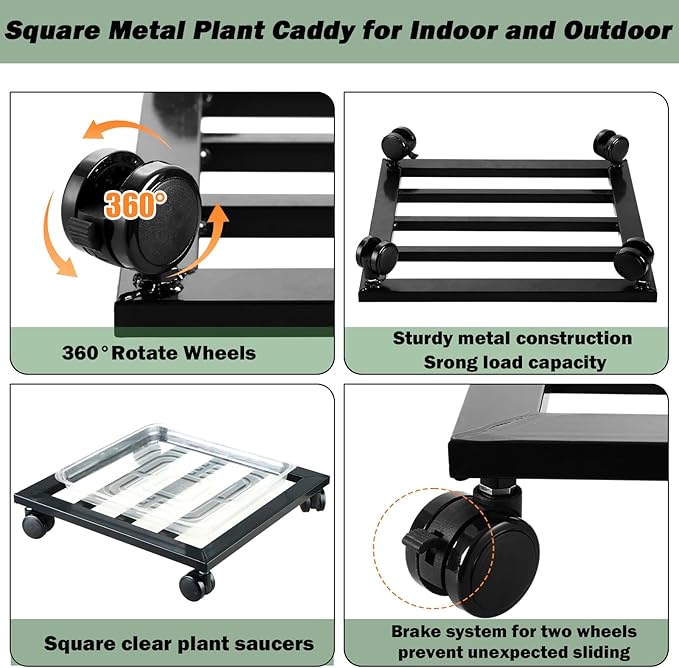 1 Packs 13.6 inches Large Metal Plant Caddy with PU Wheels Square Planter Dolly Pot Mover Rollers Wrought Iron Rolling Plant Stands Indoor Outdoor Plant Holder Coaster Trolley, Black