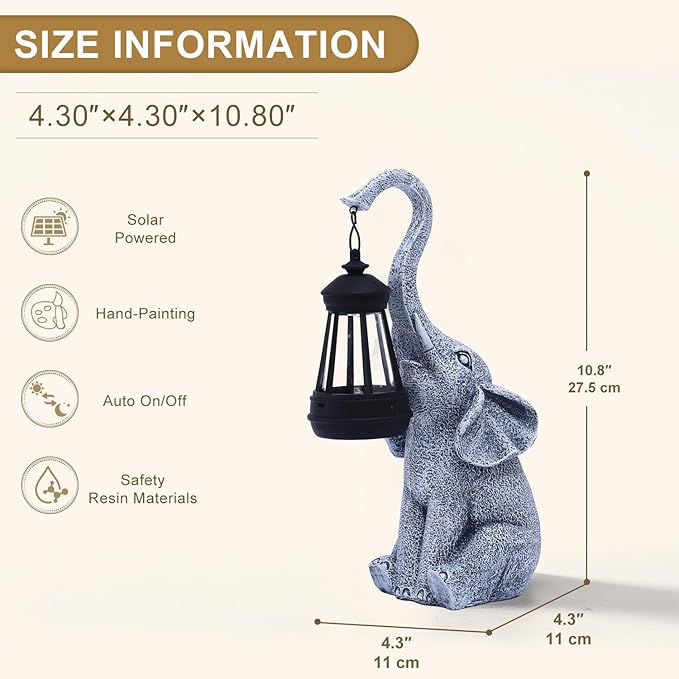 Garden Statues Elephant with Solar Lantern Outdoor Figurines Decorations for Patio Yard Lawn Ornaments Gifts for Birthday Mom Housewarming(Gray)
