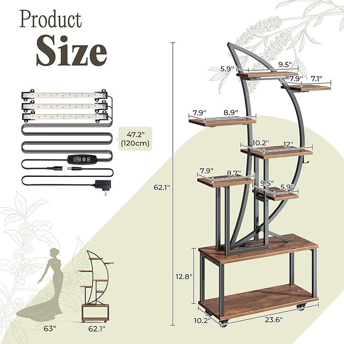 PRAISUN 62 Inch Plant Stand Indoor with Grow Lights, 8 Tiered Plant Shelf with Larger Flower Holder, Half Moon-Shaped Stand with Hook, Wheels, Plant Rack for Living Room, Rustic Brown