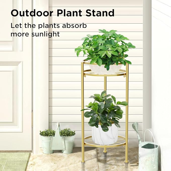 H HOMEXIN Plant Stand Indoor ,2 Tier Metal Plant Stand 23.5'' Tall Heavy Duty Sturdy Plant Shelf Holder,Rustproof Decorative Plant Stands Outdoor for Corner Garden Patio Livingroom Balcony