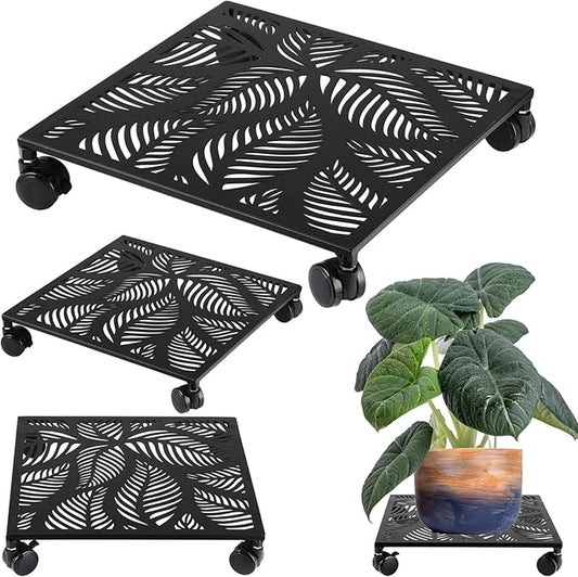 2-pack 12 Inches Square Metal Plant Caddy with Wheels Heavy Duty Large Rolling Plant Stand Indoor Outdoor Wheeled Planter Dolly Cart with Lockable Casters Flower Pot Mover Roller Trolley, Black