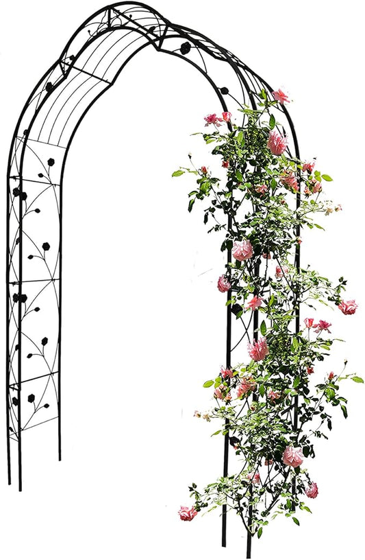 Metal Garden Arch, Assembly Garden Arbor Trellis Climbing Plants Support Rose Arch Outdoor Wedding Arch Party Events Archway (W59'' x H98.4'', Black)